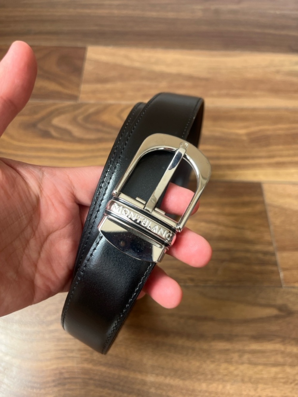 Montblanc Black Leather Belt with Polished Silver Buckle
